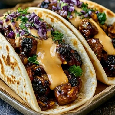 Garlic Butter Honey BBQ Beef Tacos served on a plate