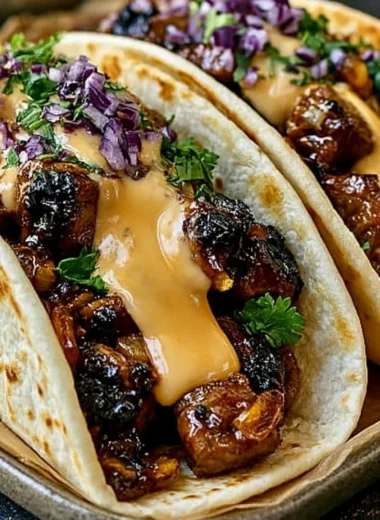 Garlic Butter Honey BBQ Beef Tacos served on a plate