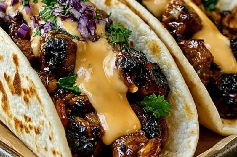 Garlic Butter Honey BBQ Beef Tacos served on a plate