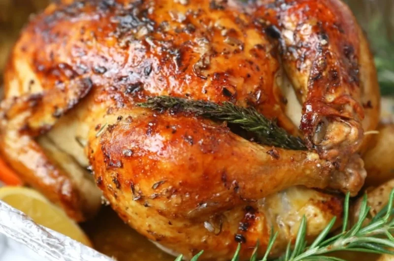 Garlic lemon roasted chicken served on a platter with herbs.