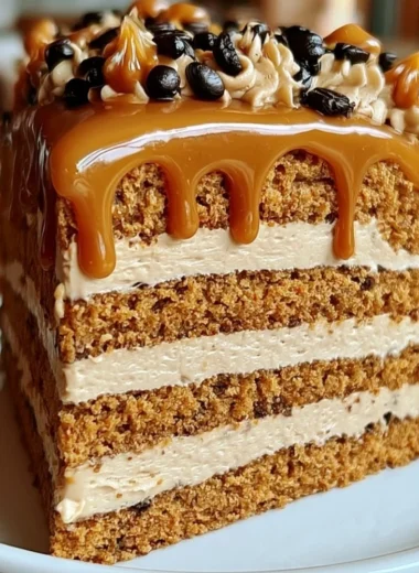 Delicious gooey coffee caramel cake drizzled with caramel sauce and coffee icing.