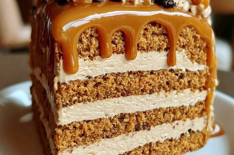 Delicious gooey coffee caramel cake drizzled with caramel sauce and coffee icing.