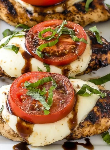 Grilled Chicken Caprese with basil, mozzarella, and fresh tomatoes