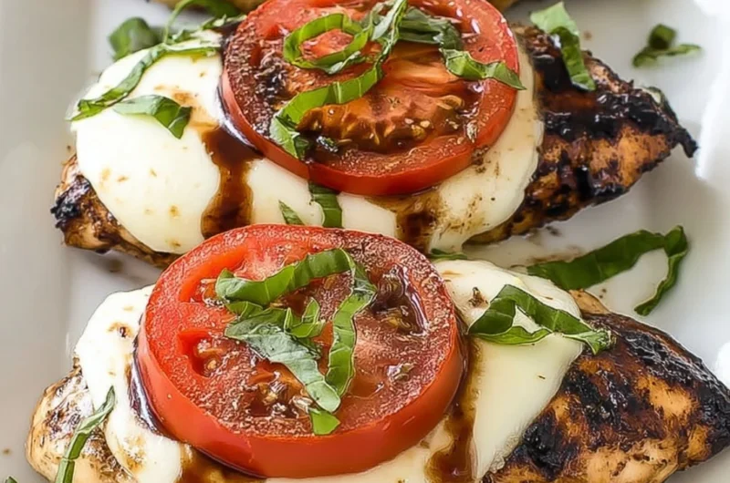 Grilled Chicken Caprese with basil, mozzarella, and fresh tomatoes
