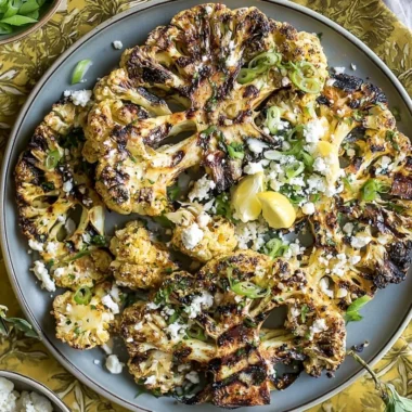 Grilled garlic cauliflower steaks served on a plate
