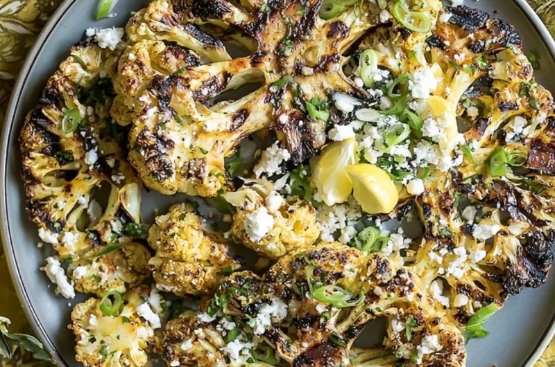 Grilled garlic cauliflower steaks served on a plate