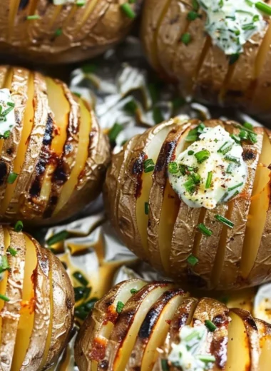 Grilled Hasselback Potatoes drizzled with chive butter