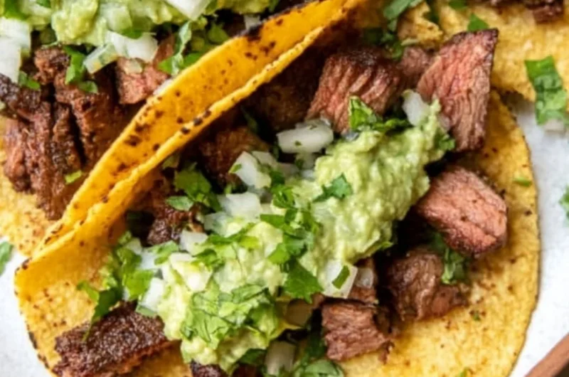 Delicious grilled steak tacos garnished with avocado salsa on a plate