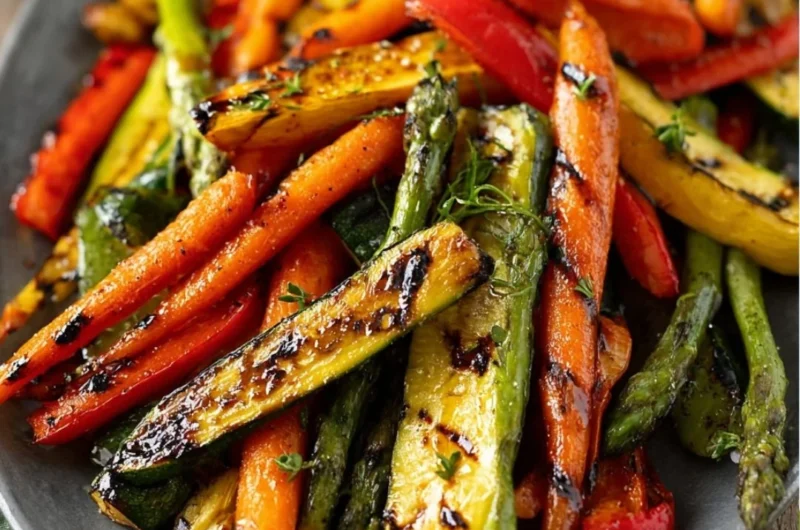 Colorful grilled vegetables marinated for grilling, enhancing flavor and texture.