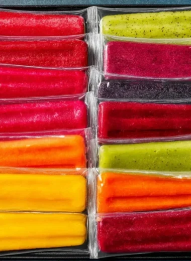 Colorful healthy homemade freezer pops made with fresh fruits
