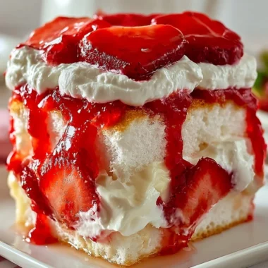 Heaven on Earth Cake topped with whipped cream and cherries on a white plate