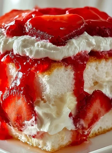 Heaven on Earth Cake topped with whipped cream and cherries on a white plate