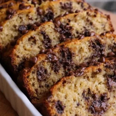 High protein Greek yogurt banana bread with chocolate chip layers fresh out of the oven