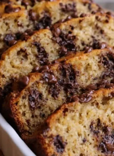 High protein Greek yogurt banana bread with chocolate chip layers fresh out of the oven