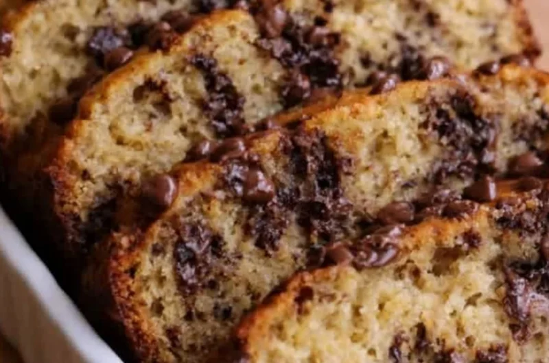 High protein Greek yogurt banana bread with chocolate chip layers fresh out of the oven