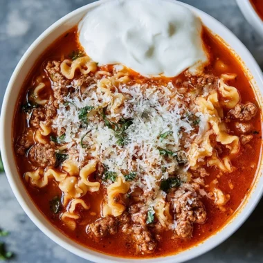High protein lasagna soup in a bowl with garnish and cheese on top
