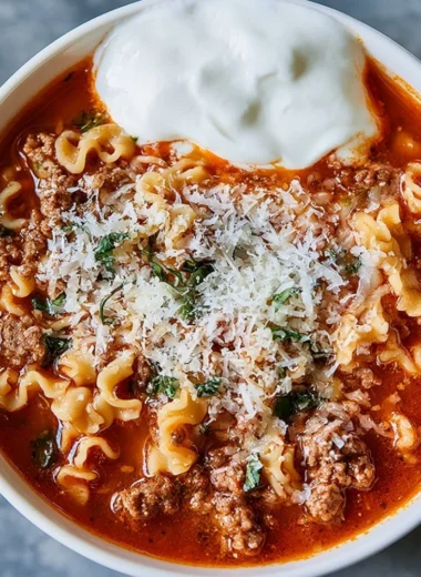 High protein lasagna soup in a bowl with garnish and cheese on top