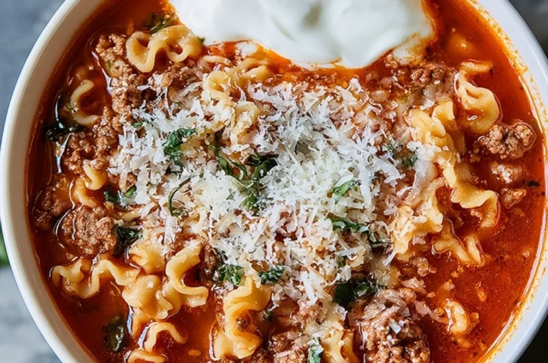 High protein lasagna soup in a bowl with garnish and cheese on top