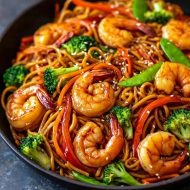 Delicious high-protein one-pan shrimp stir fry with noodles and colorful vegetables