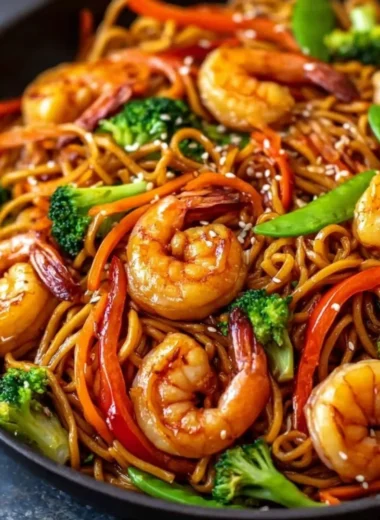 Delicious high-protein one-pan shrimp stir fry with noodles and colorful vegetables