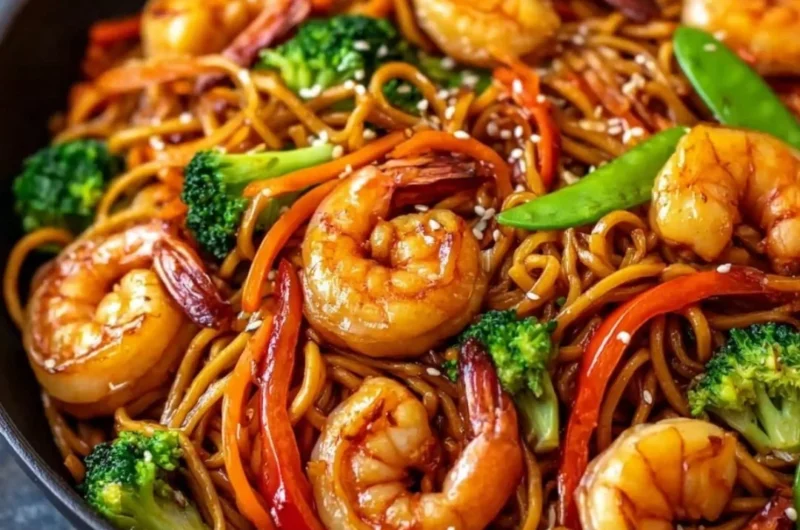 Delicious high-protein one-pan shrimp stir fry with noodles and colorful vegetables