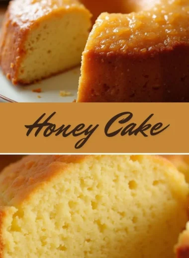 Delicious homemade Honey Cake topped with a drizzle of honey.