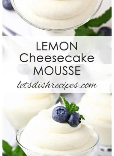 Delicious Lemon Cheesecake Mousse in a glass, topped with lemon zest and blueberries.