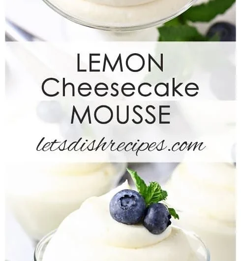 Delicious Lemon Cheesecake Mousse in a glass, topped with lemon zest and blueberries.