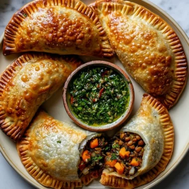 Lentil and veggie vegan empanadas served with chimichurri sauce