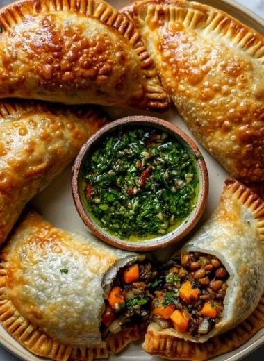 Lentil and veggie vegan empanadas served with chimichurri sauce