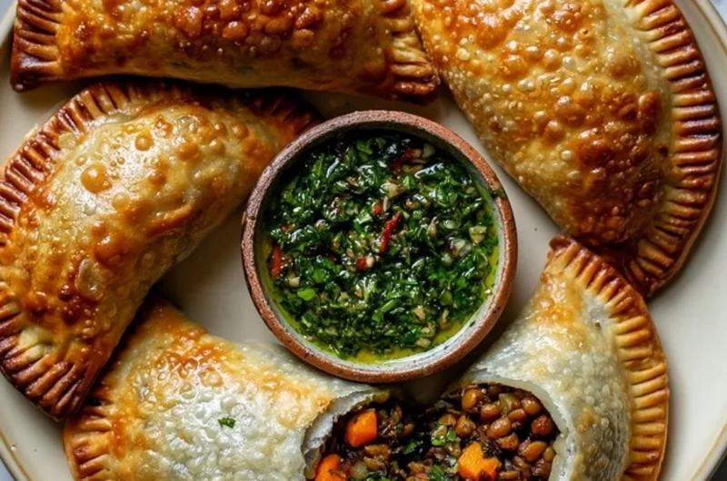 Lentil and veggie vegan empanadas served with chimichurri sauce