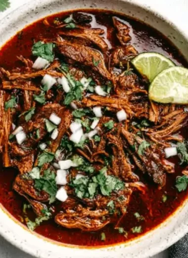 Delicious plate of Mexican Beef Birria served with fresh tortillas and lime.