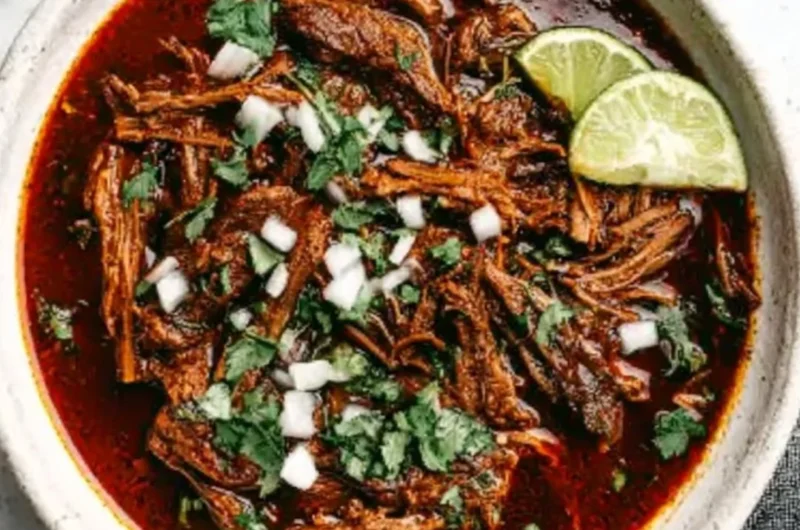 Delicious plate of Mexican Beef Birria served with fresh tortillas and lime.