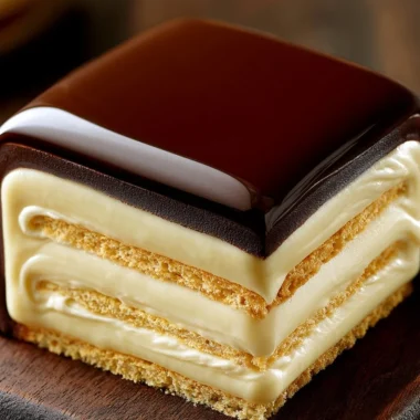 No-Bake Chocolate Eclair Cake topped with chocolate frosting and whipped cream