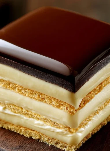 No-Bake Chocolate Eclair Cake topped with chocolate frosting and whipped cream