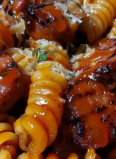 One-Pot Bold Honey BBQ Sausage Pasta in a bowl, garnished and ready to serve.
