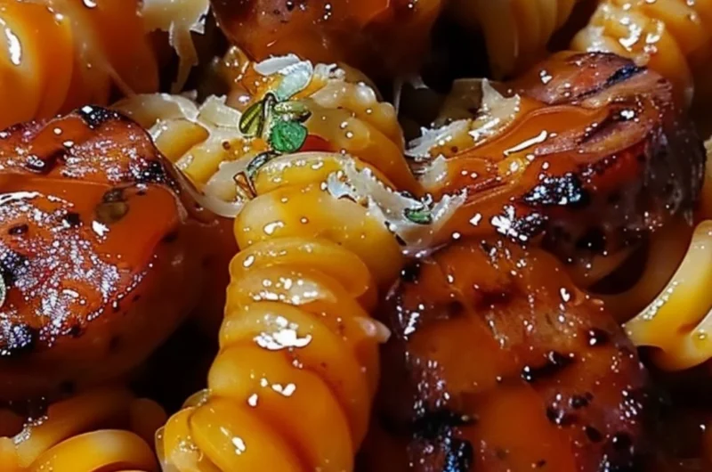 One-Pot Bold Honey BBQ Sausage Pasta in a bowl, garnished and ready to serve.