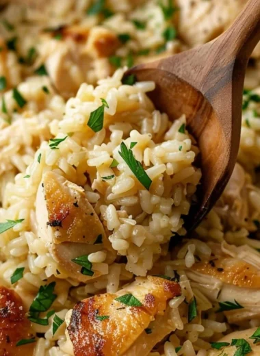 One-Pot Garlic Parmesan Chicken and Rice meal with herbs and spices