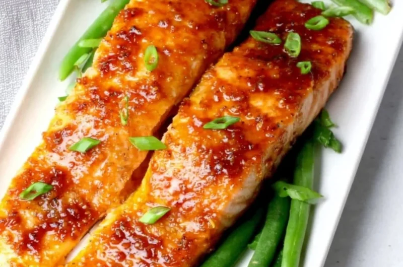 Plated peach glazed salmon garnished with fresh herbs and peach slices.