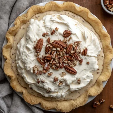 Slice of pecan cream pie topped with whipped cream and pecans