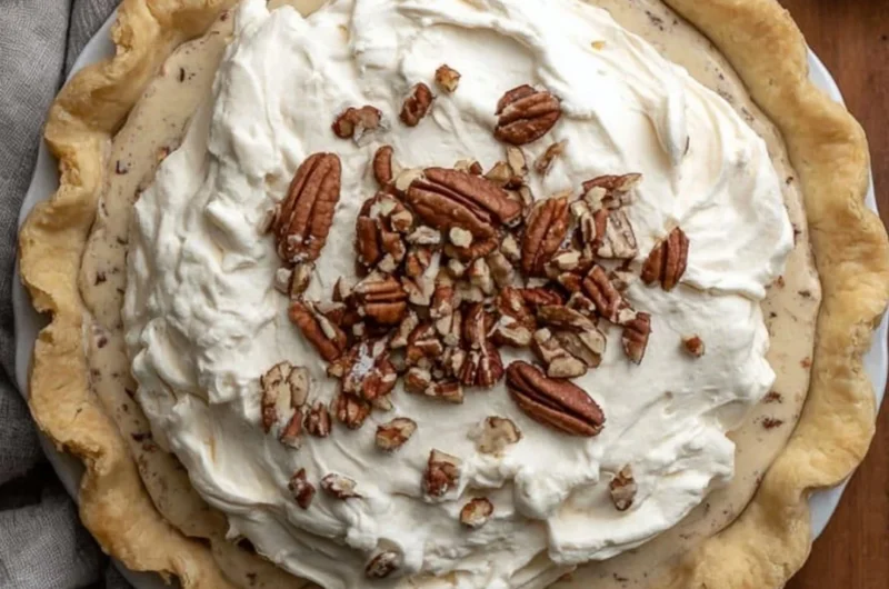 Slice of pecan cream pie topped with whipped cream and pecans