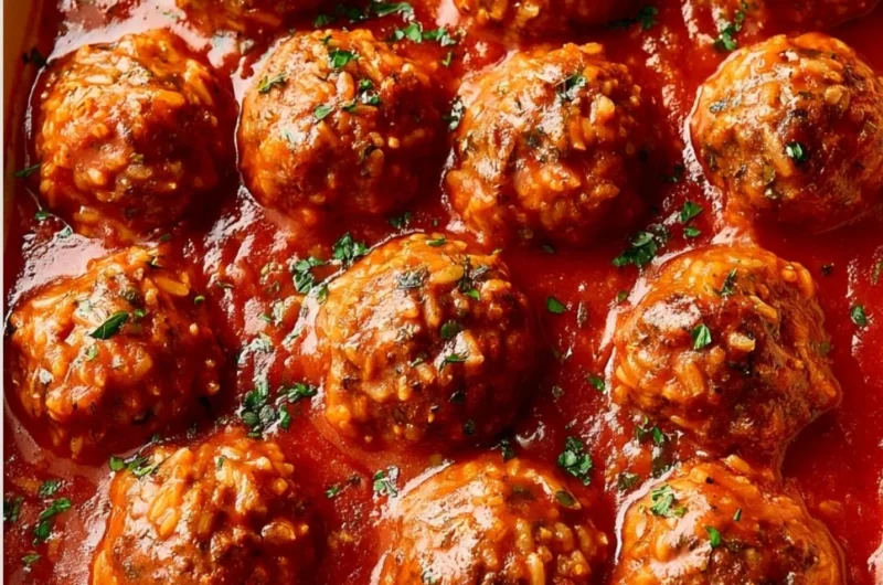 Delicious porcupine meatballs served with sauce and garnished