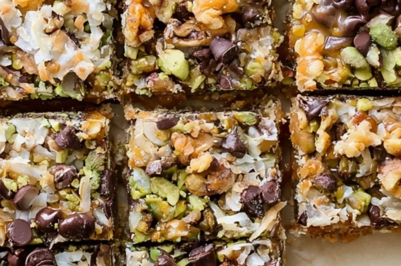 Delicious homemade Seven Layer Bars stacked with chocolate and coconut layers
