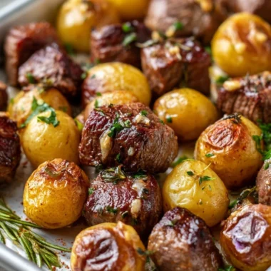 Sheet pan garlic butter steak bites with potatoes cooked to perfection