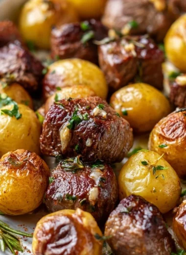 Sheet pan garlic butter steak bites with potatoes cooked to perfection