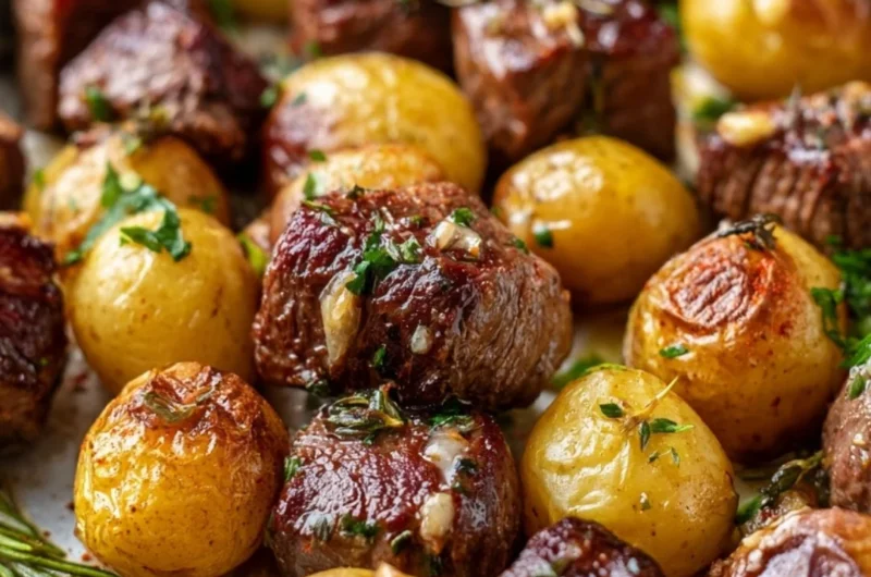 Sheet pan garlic butter steak bites with potatoes cooked to perfection