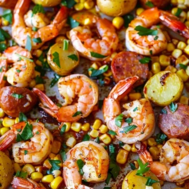 Sheet pan shrimp boil with fresh shrimp and seasonal vegetables