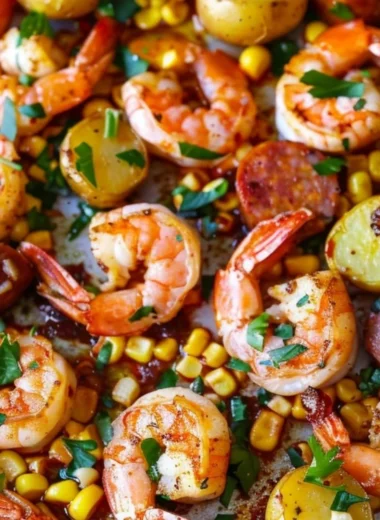 Sheet pan shrimp boil with fresh shrimp and seasonal vegetables