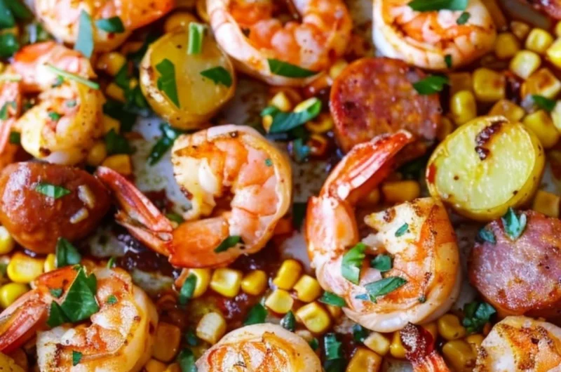 Sheet pan shrimp boil with fresh shrimp and seasonal vegetables