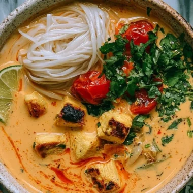 Bowl of Simple Thai Chicken Soup with herbs and spices